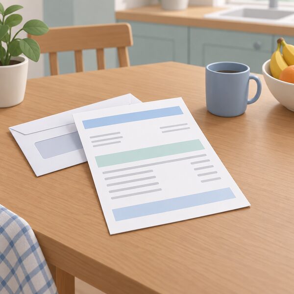 A household electricity bill lying on a kitchen table beside an envelope, drawn as a physical paper document with plain colour bands and blank lines instead of readable figures, showing the everyday object through which CfD costs are collected from consumers.