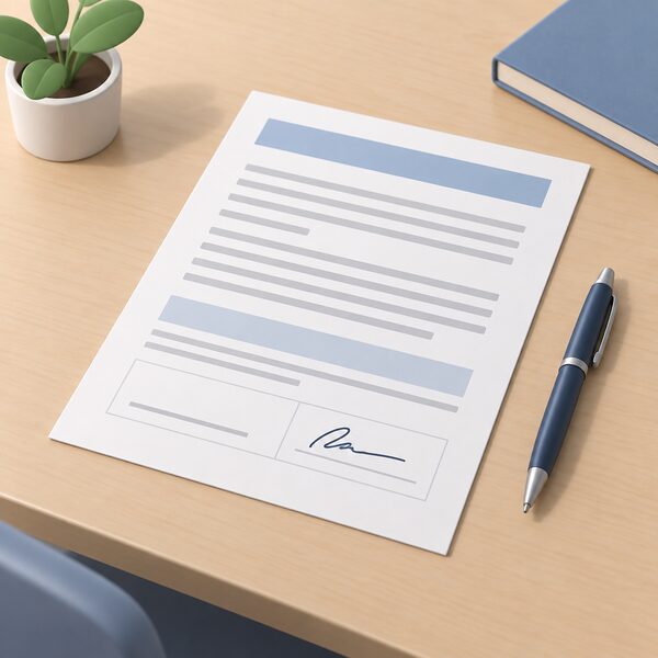 A signed contract document lying on a desk, drawn as a physical paper with blank lines and plain colour bands for its content, a signature block at the foot, and a pen resting beside it.