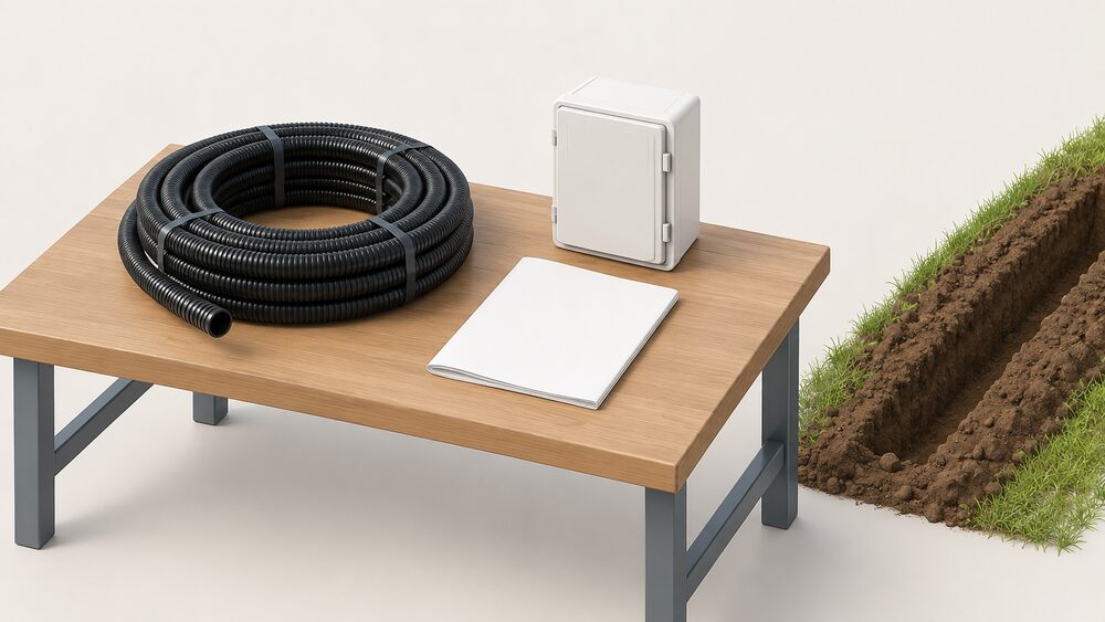 A coiled length of black plastic ducting lies on a table beside a small white meter box, a folded blank quotation document and a short open trench-shaped strip of turned earth, representing the priced cable-laying job awaiting a quote.