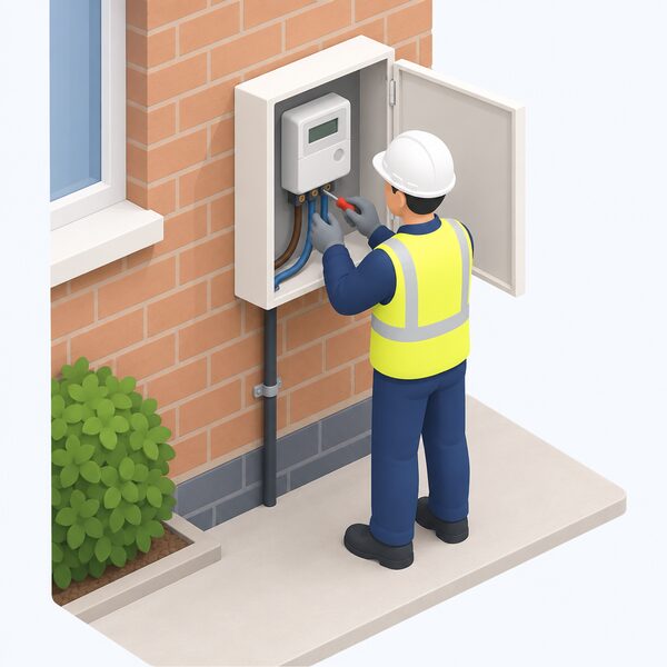 A supplier's installer fitting an electricity meter inside a domestic meter box on the outside wall of a house, with the incoming supply cable and the meter tail connections visible as the installer works on the mounted unit.
