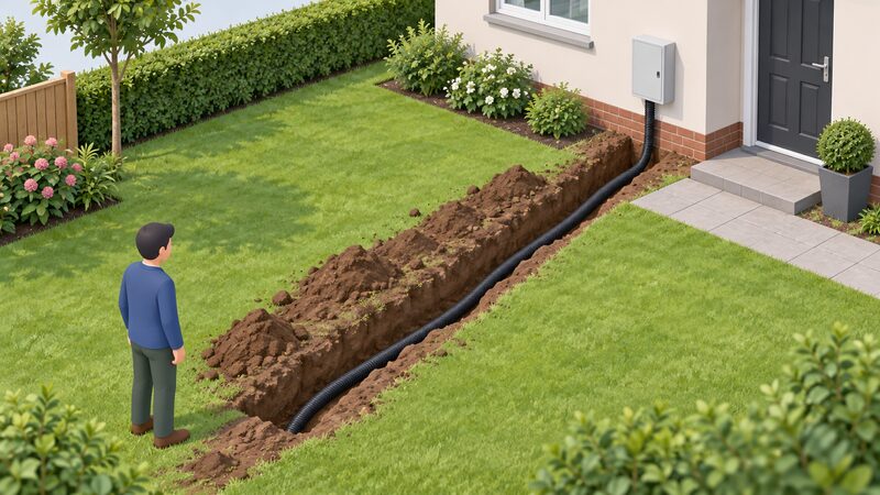 A householder's open trench running across a garden with black ducting laid along its base, leading to a meter box already fixed on the house wall where the meter will connect, ready for the operator to install the cable.