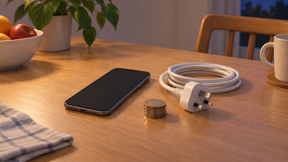A kitchen table in the evening with a smartphone lying face up with a blank screen, a white three-pin plug and its flex coiled beside it, and a small stack of coins, suggesting a notification about shifting appliance use to a cheaper hour.