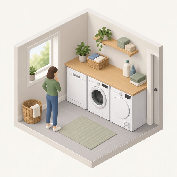 A utility room corner of a home showing a dishwasher, a washing machine and a tumble dryer standing side by side, with a small isometric figure of a household member pausing beside them, representing the deferrable loads a household keeps ready to run at quieter, lower-demand times.