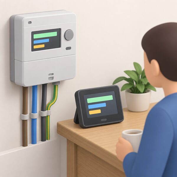 A wall-mounted smart electricity meter with its cables connected, shown beside its separate in-home display unit standing on a table, the display screen lit with plain colour bands and blank bars indicating live energy readings.