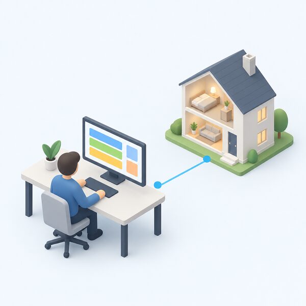 A small simplified isometric figure of an aggregator sits at a desk with a screen showing plain colour bands and blocks, coordinating household flexibility services, with a simple cutaway house beside the desk linked by a line to show the connection between the two.