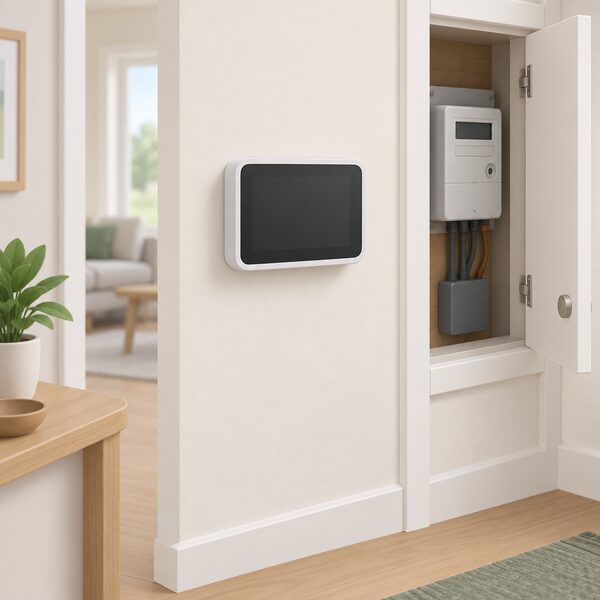 A wall-mounted smart meter display unit with its screen dark and unlit, mounted on an interior wall of a home near the electricity meter cupboard, showing no readings or lights to indicate it has stopped sending readings.