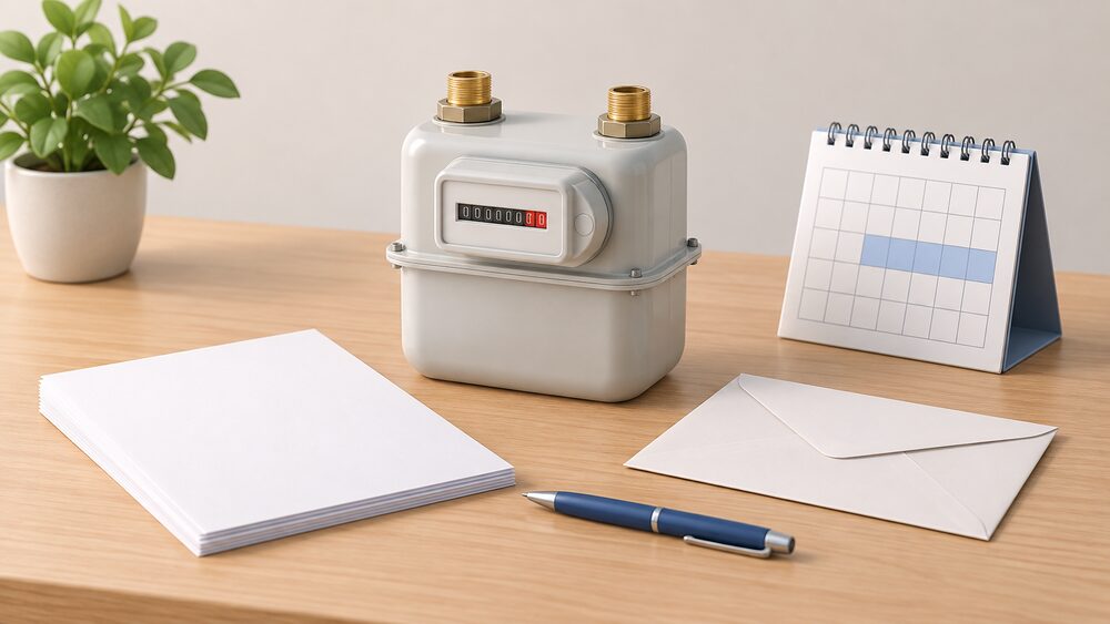 A small domestic gas meter standing as a model on a table beside blank paperwork, a sealed envelope, a calendar and a pen, showing the moment a household arranges the meter's permanent removal.