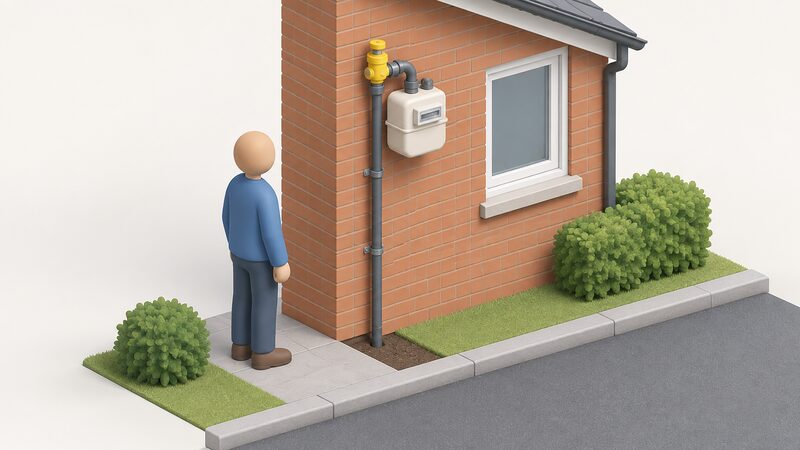 An outside wall of a house with a gas meter and emergency control valve mounted on it, the service pipe running down the wall into the ground towards the street, with a small simplified figure standing beside it looking at the installation.