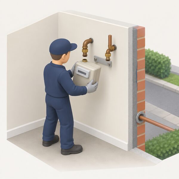 A worker in plain work clothes, representing the energy supplier, unbolting and lifting a domestic gas meter away from its position on an inside wall, with the inlet and outlet pipes left behind and the small service pipe running through the wall towards the street.