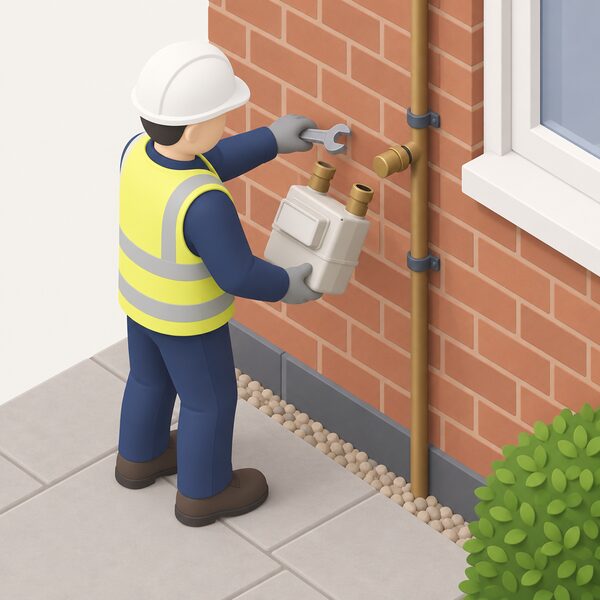 A gas meter being physically removed at permanent disconnection: a simplified isometric figure of a technician with a spanner detaching the domestic gas meter from its inlet pipe on an outside wall, the meter held in one hand with the supply pipe capped and open where the meter used to hang.