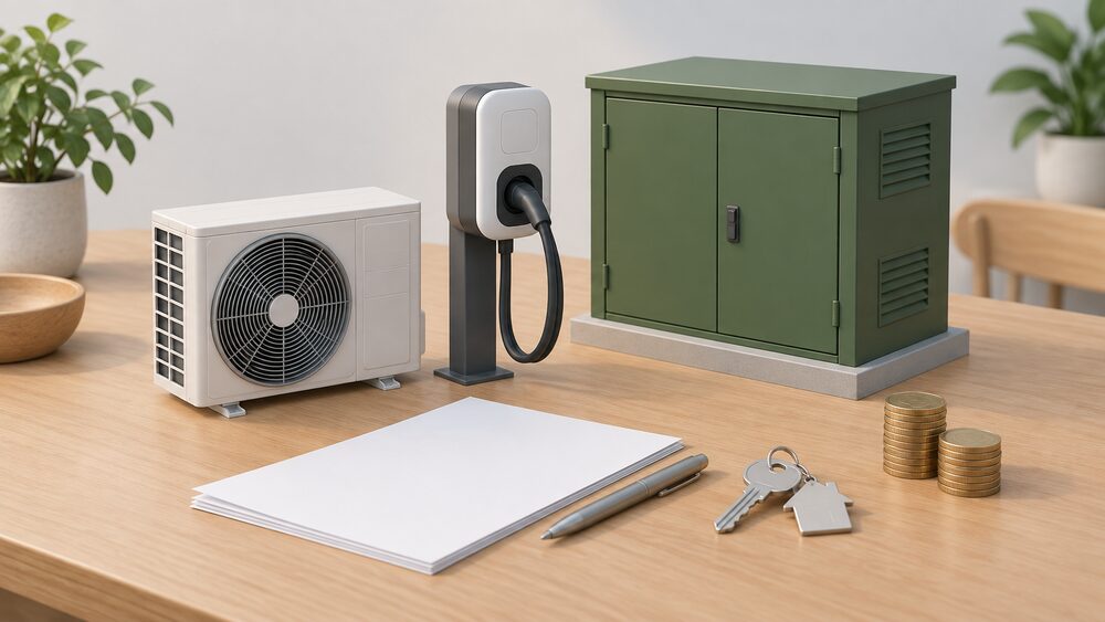 A small model air source heat pump and a small model electric car charging point stand side by side on a table beside blank paperwork, a house key and a stack of coins, with a plain green substation cabinet model behind them.