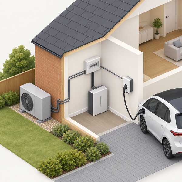 An isometric cutaway of a house exterior wall showing an air-source heat pump unit, a wall-mounted electric vehicle charger beside a parked car, and a home battery unit, all with cables converging on a single consumer unit supplying the household.