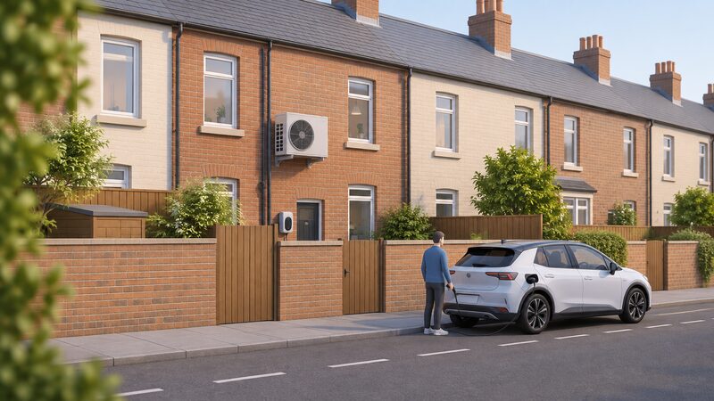 A terraced street scene showing an air source heat pump unit mounted on the external rear wall of one house, with an electric vehicle parked on the street charging from a wallbox on the same house's wall.