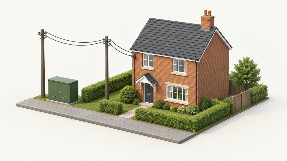 A modest brick house seen from the street with a small green distribution substation cabinet on the pavement beside it, and overhead distribution cables on wooden poles running from the substation to the house's electricity supply.