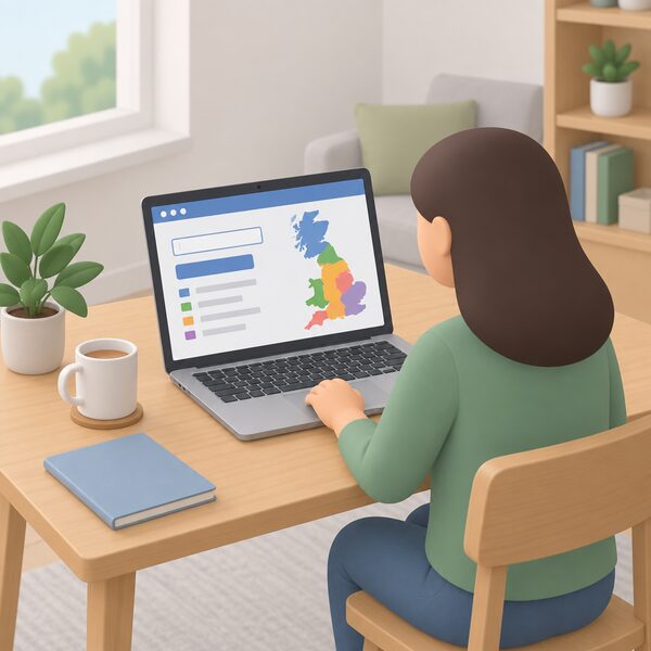 A laptop on a table in a home setting displays a simplified postcode lookup webpage with a blank postcode entry field and a plain colour-coded map of Britain's regions, while a simplified household figure sits beside it viewing the screen.