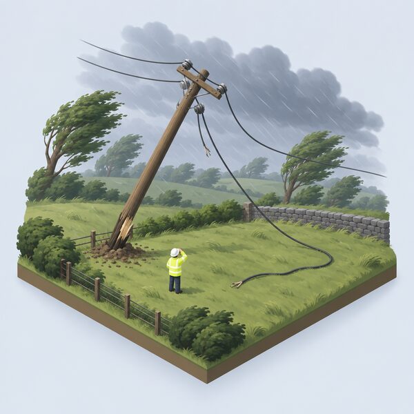 A stormy rural scene in high winds where a wooden distribution pole has tilted and its overhead power lines have snapped and sagged, with one line fallen across a field and a simplified isometric figure of a lines worker in a high-visibility jacket and hard hat looking up at the damaged span, showing the kind of storm fault that sets a storm category.