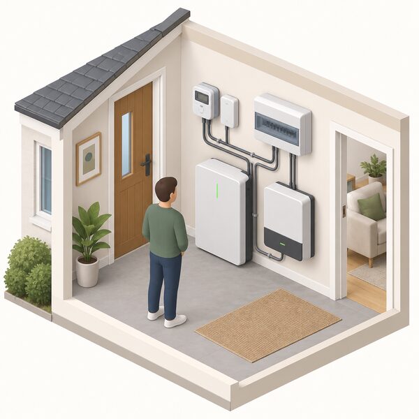 An isometric cutaway of a home interior showing a smart meter and communications hub mounted side by side on an interior wall near the consumer unit, with a battery storage unit and solar inverter on the same wall connected by visible cables to the meter.