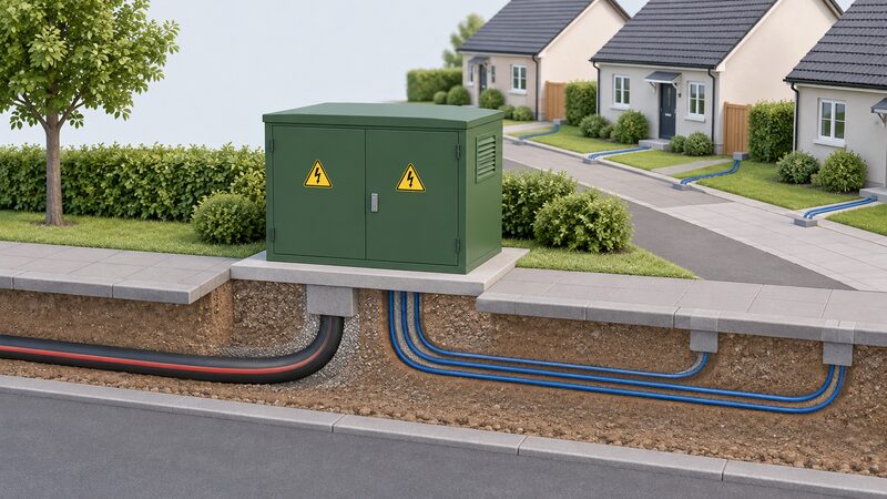 A street-level electricity substation shown as a pad-mounted green cabinet beside a pavement, with warning signs on its doors, incoming underground cables and outgoing low-voltage cables running towards nearby houses.