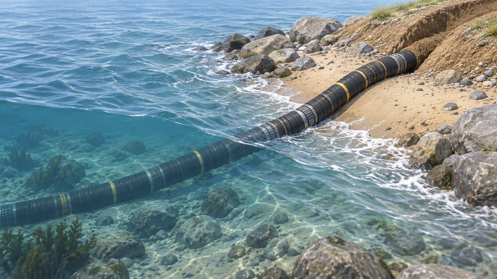 A thick subsea high-voltage interconnector cable, shown close up, rising out of rippling seawater and coming ashore over a rocky, sandy beach, with the cable's armoured surface and its buried entry into the ground clearly visible and nothing else in the scene.