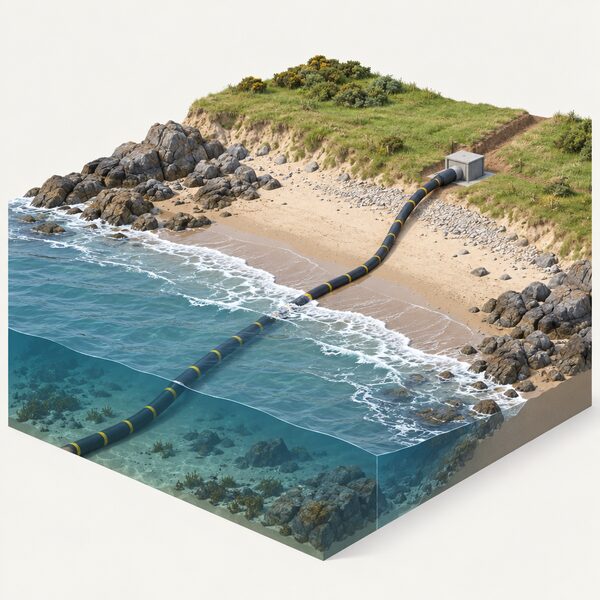 A thick subsea interconnector cable emerging from the sea onto a rocky or sandy British shoreline, curving up the beach towards a small onshore cable transition joint and buried route, with gentle waves and no buildings or people.