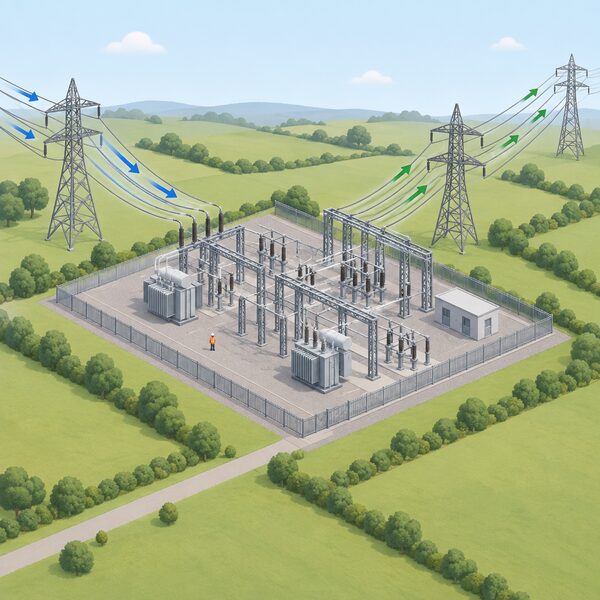 A high voltage transmission substation in open countryside where large pylons and overhead power lines converge, with an incoming interconnector circuit connecting into the substation equipment and onward lines carrying the power into the British grid.