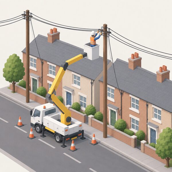 A small simplified isometric engineer in plain clothing and a safety helmet works from an elevated platform on overhead electricity distribution cables and wooden poles along a residential street of terraced houses, with service lines running down to the houses.