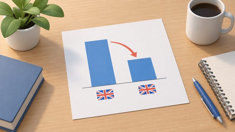 A printed chart sheet lying on a desk showing a simple bar chart of UK net electricity imports with two plain bars, the first taller than the second, with no numbers or words anywhere on the sheet.