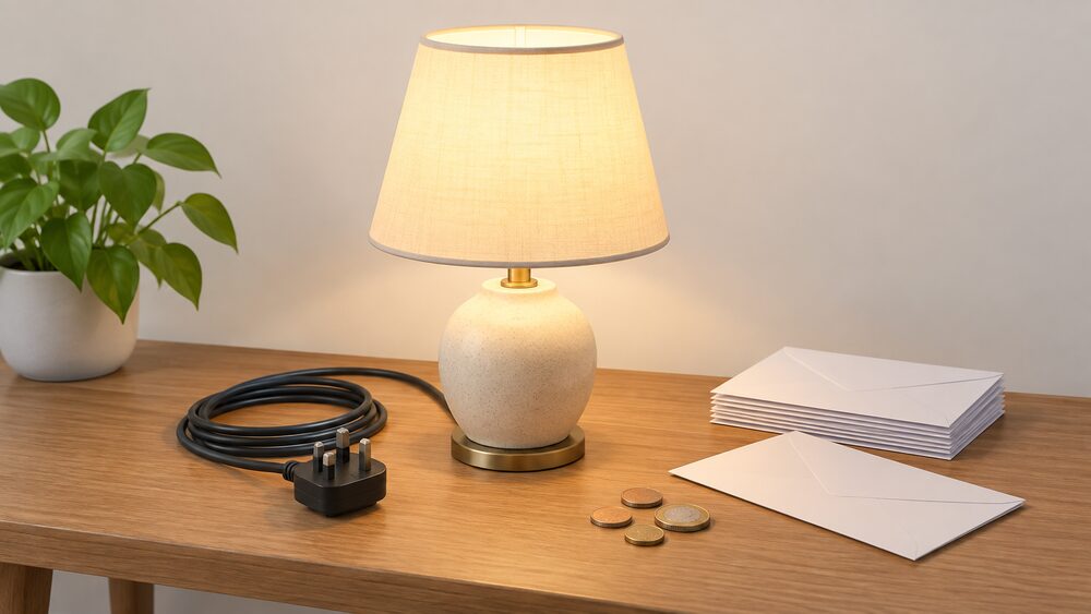 A lit domestic table lamp stands on a wooden table beside a coiled black electricity plug with its flex, a stack of blank white envelopes and a few loose coins, suggesting a household keeping its lights on while supply is managed elsewhere.