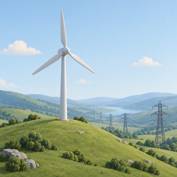 A single wind turbine on a grassy hill with its blades slowing to a stop while transmission pylons and power lines stand in the valley below, showing curtailment because the constrained grid cannot take the power.