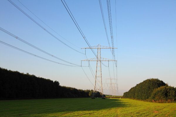 High-voltage electricity pylons and power lines crossing a green field between hedgerows under a clear sky