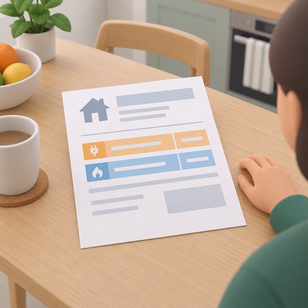 A paper household energy bill lying on a kitchen table, its layout showing a daily standing charge line and a unit price line as separate blank banded rows, with a hand resting beside it.