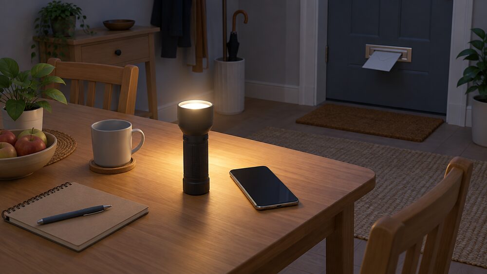 A kitchen table during a power cut, lit by a lit torch standing upright, with a mobile phone lying beside it and a card posted through the letterbox visible on the doormat beyond, all suggesting a household preparing to report the outage.