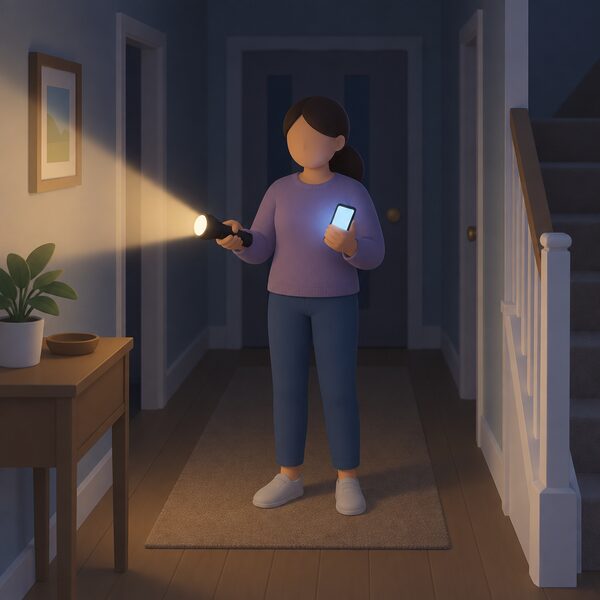 A person standing in a dimly lit home hallway holding a lit torch in one hand and a mobile phone in the other, the charged phone and torch the section says households should have ready for the first hours of a power cut.