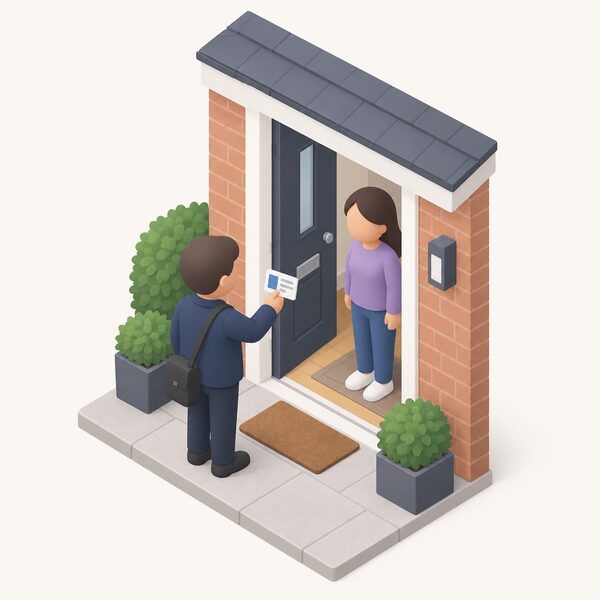 A small simplified figure stands at the front door of a house holding up an identification card toward the open door, where a second figure looks at it, showing the identification and password scheme for home visits to households on the Priority Services Register.