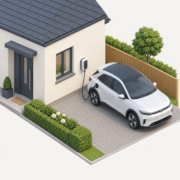 A wall-mounted domestic electric vehicle charge point on the outside wall of a house beside a driveway with off-street parking, with a cable running from the unit to an electric car parked on the drive.