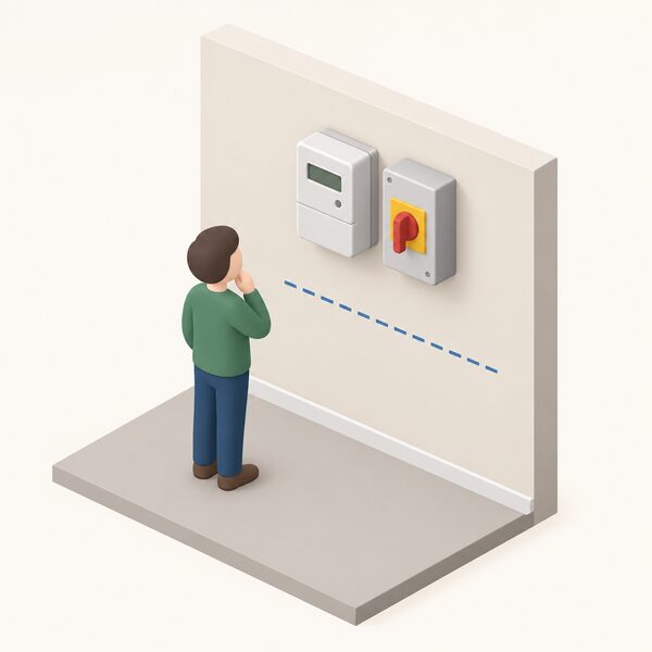 An indoor wall with an electricity meter and isolator switch mounted side by side above a marked horizontal flood level line, with a small isometric figure looking up and checking the meter's height against the mark.