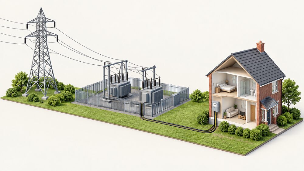 A cutaway view of a house with its electricity meter and incoming supply cable, standing near a large transmission pylon carrying overhead lines across country and a fenced substation with two transformers beside it, showing the path from the high-voltage network down to the home.