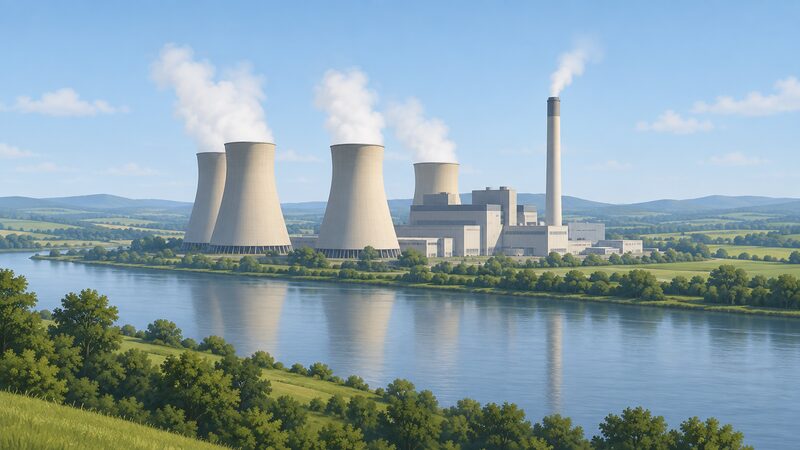 A distant view of a large coal-fired power station with tall cooling towers and a chimney beside a river, drawn as a wide landscape scene with no people or equipment detail.