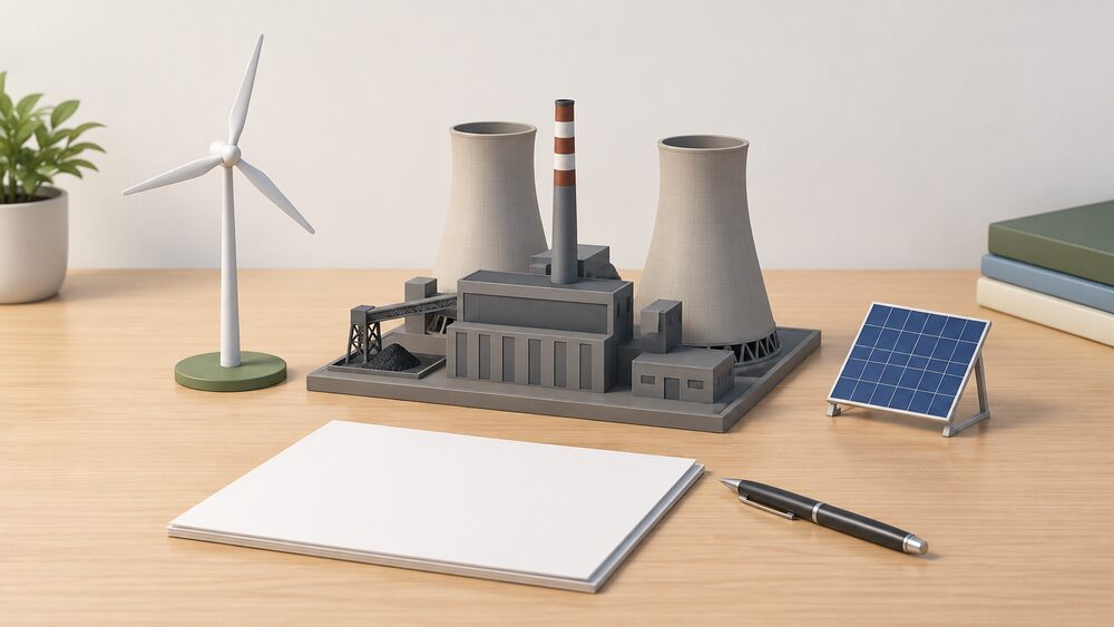 A small model of a coal-fired power station with two cooling towers stands closed and dark on a desk, beside a small model wind turbine and a small solar panel, with blank paperwork and a pen arranged in front of them.