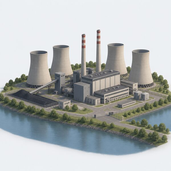 A closed coal-fired power station beside a river, its tall cooling towers standing idle with no steam rising, chimneys cold, buildings dark and empty, with no smoke or activity anywhere on the site.