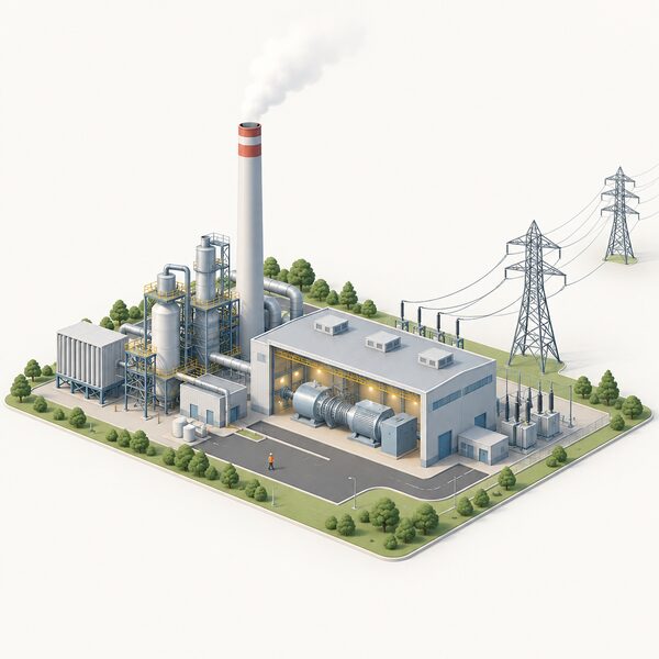A large gas-fired power station with a tall exhaust stack, steam turbine hall and cooling plume, connected by pylons and transmission lines to the electricity grid, shown as the dispatchable generator that replaced coal.