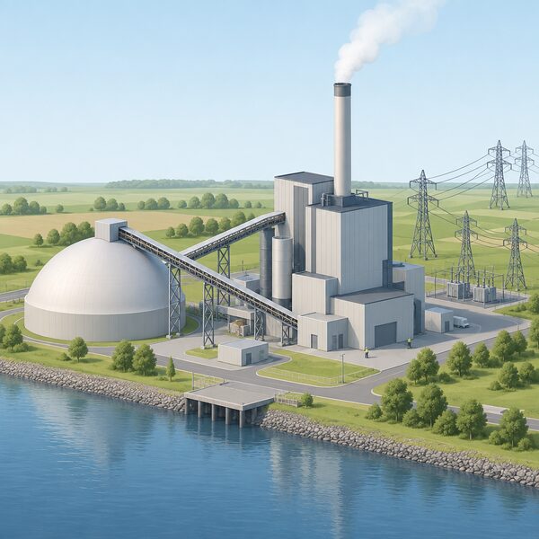A large biomass power station beside water, with a tall chimney releasing pale vapour, a dome storing wood pellets, conveyor equipment feeding the boiler house, and transmission pylons carrying electricity away across flat countryside.