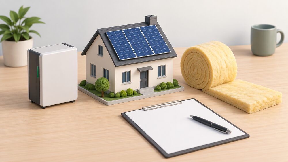 A small model house with rooftop solar panels sits on a table beside a compact domestic battery, a rolled strip of loft insulation, and blank paperwork with a pen, all in soft daylight.