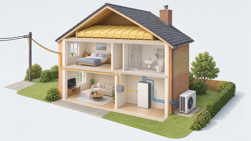 A cutaway diagram of a house with thick insulation laid across the loft floor, a battery unit on an inside wall, an air-source heat pump standing outside the rear wall, and a grid connection cable entering the house, all linked by simple lines showing partial connections.