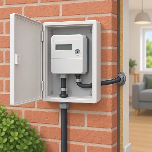 A domestic electricity meter in its cabinet mounted on the outside brick wall of a typical British house, shown close up with the incoming supply cable entering from below and the cable continuing through the wall into the house.