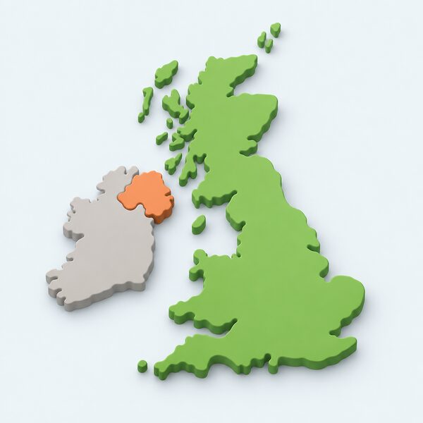 A simplified aerial-style map of the British Isles drawn as one landmass, with the island of Great Britain shown as one plain colour region and Northern Ireland as a separate plain colour region, no names, borders or labels.