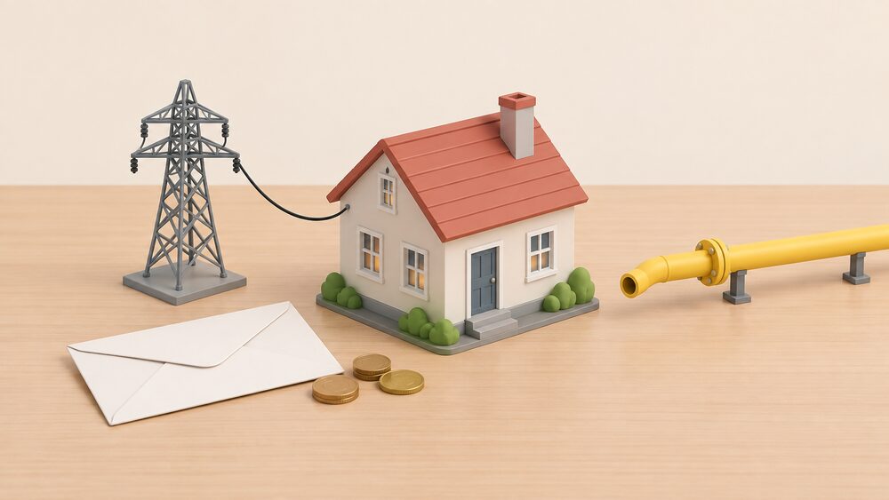 A small model house sits on a table beside a miniature electricity pylon joined to it by a drooping wire, while a short length of gas pipe runs toward the house and stops short of it, with a plain envelope and a few coins placed alongside.