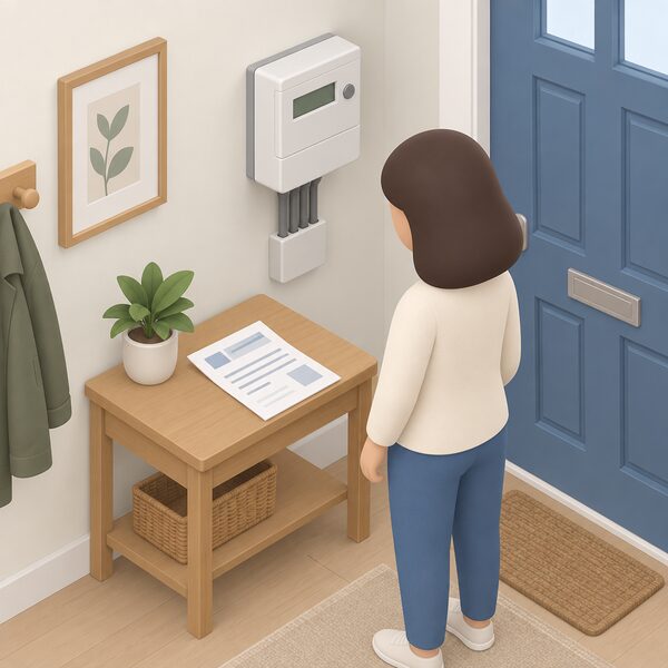 A domestic electricity meter mounted on an interior wall beside the front door, with a paper supplier bill lying on a small table nearby, showing the supplier as the body that bills the household.