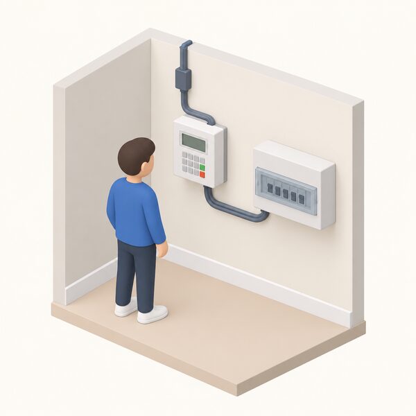 A domestic prepayment electricity meter mounted on an indoor wall, drawn as a plain boxed unit with a small display and keypad, with a simplified isometric householder standing beside it looking at the meter, connected by visible cable to the household consumer unit and incoming supply.
