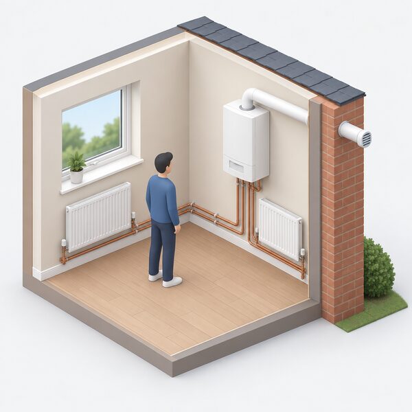 A cutaway view of a room in a house showing a wall-mounted gas boiler connected to radiators and pipework, with its flue duct passing horizontally through the outside wall to a terminal on the exterior face.
